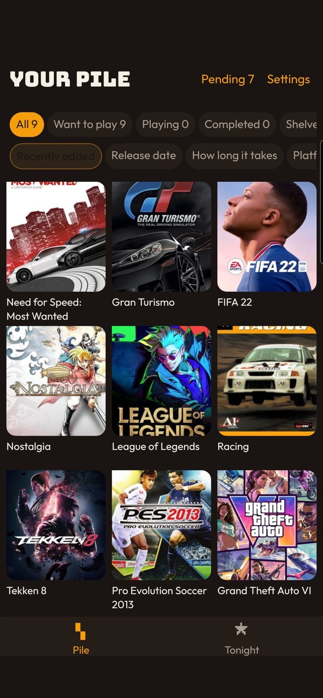 The Save Slot pile: a grid of saved games with filters for Want to play, Playing and Completed